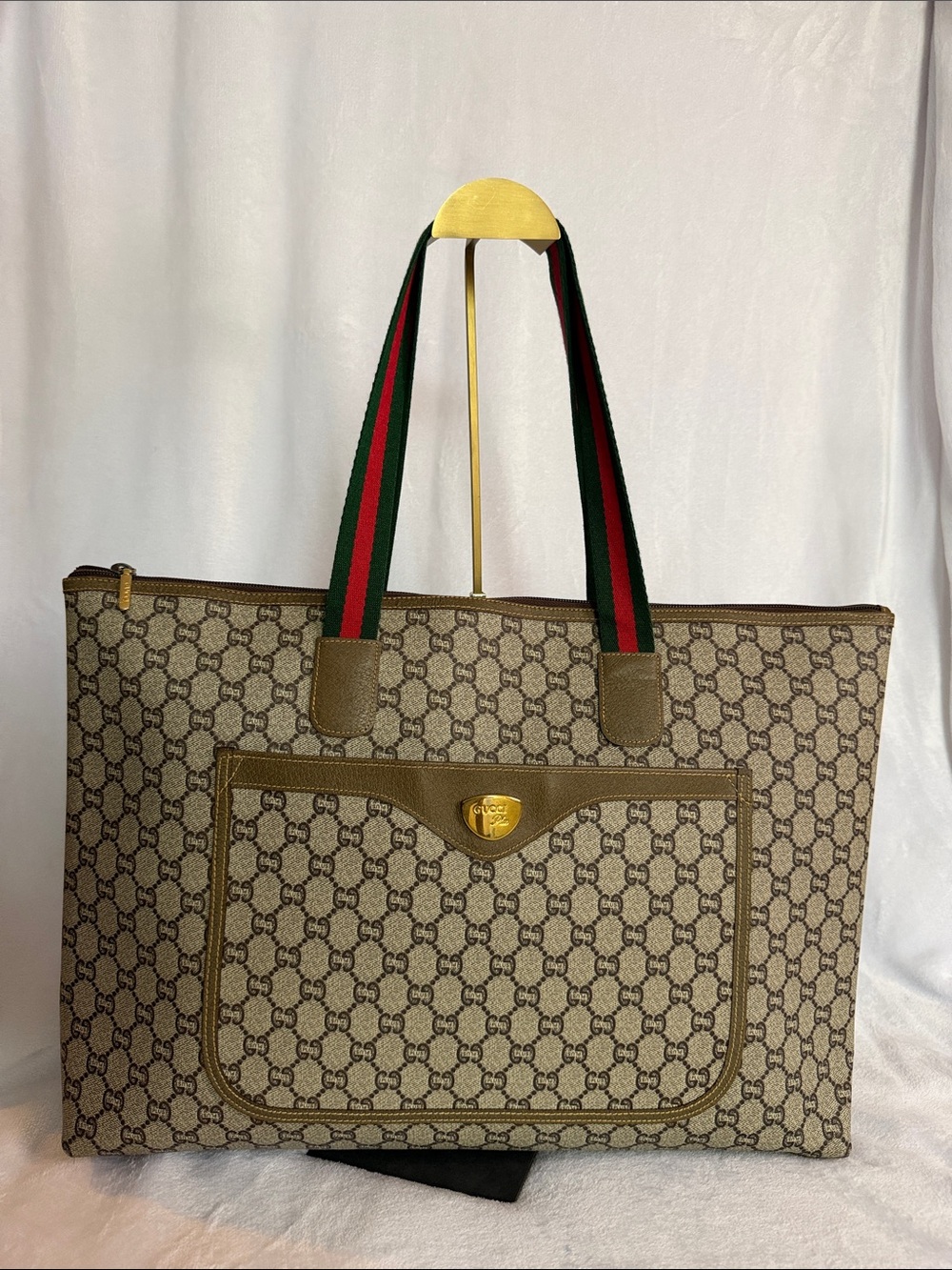💝Designer-Style Gucci Brown Monogram Tote with Green-Red Web Straps